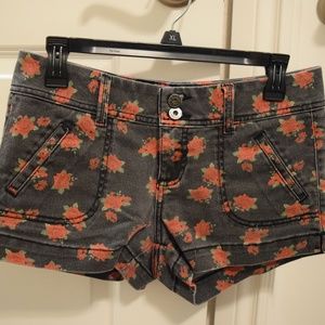 Black Jean Shorts with Rose Print